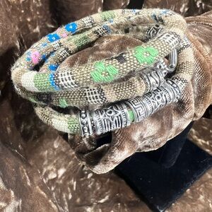 Fabric Wraps fits a 7” inch Wrist Can Add more Wraps Plated Silver Clasp.